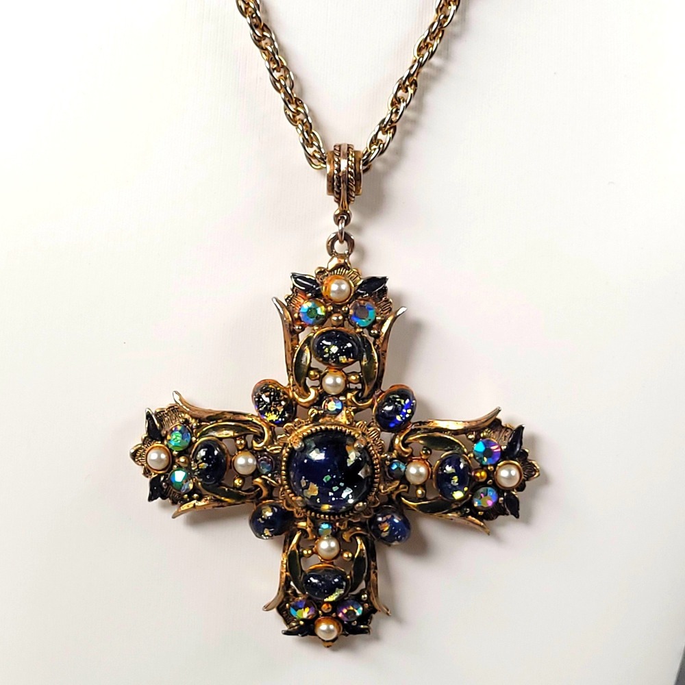 Vintage Cross Pendant Necklace Blue Gold Iridescent AB Rhinestone Pearl Jewelry
